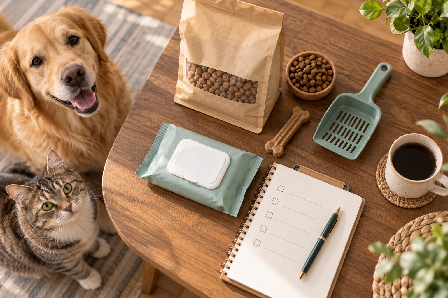 Flat-lay of pet care essentials being reviewed on a home desk, with a dog and cat resting nearby