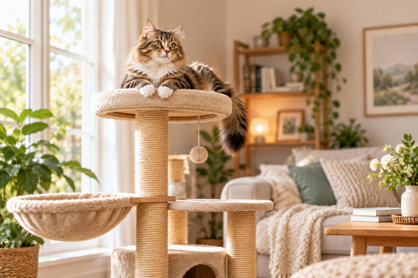 Tabby cat sitting on top platform of a tall multi-level sisal cat tree