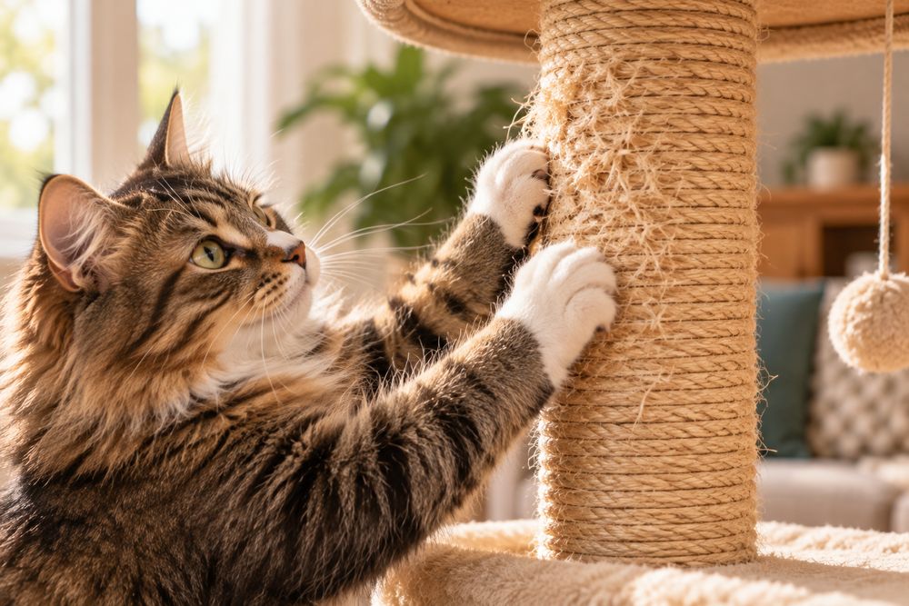 Close-up of a cat scratching the sisal rope post of a cat tree