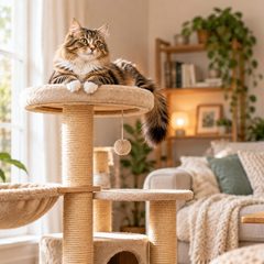 Tabby cat sitting on top platform of a tall multi-level cat tree