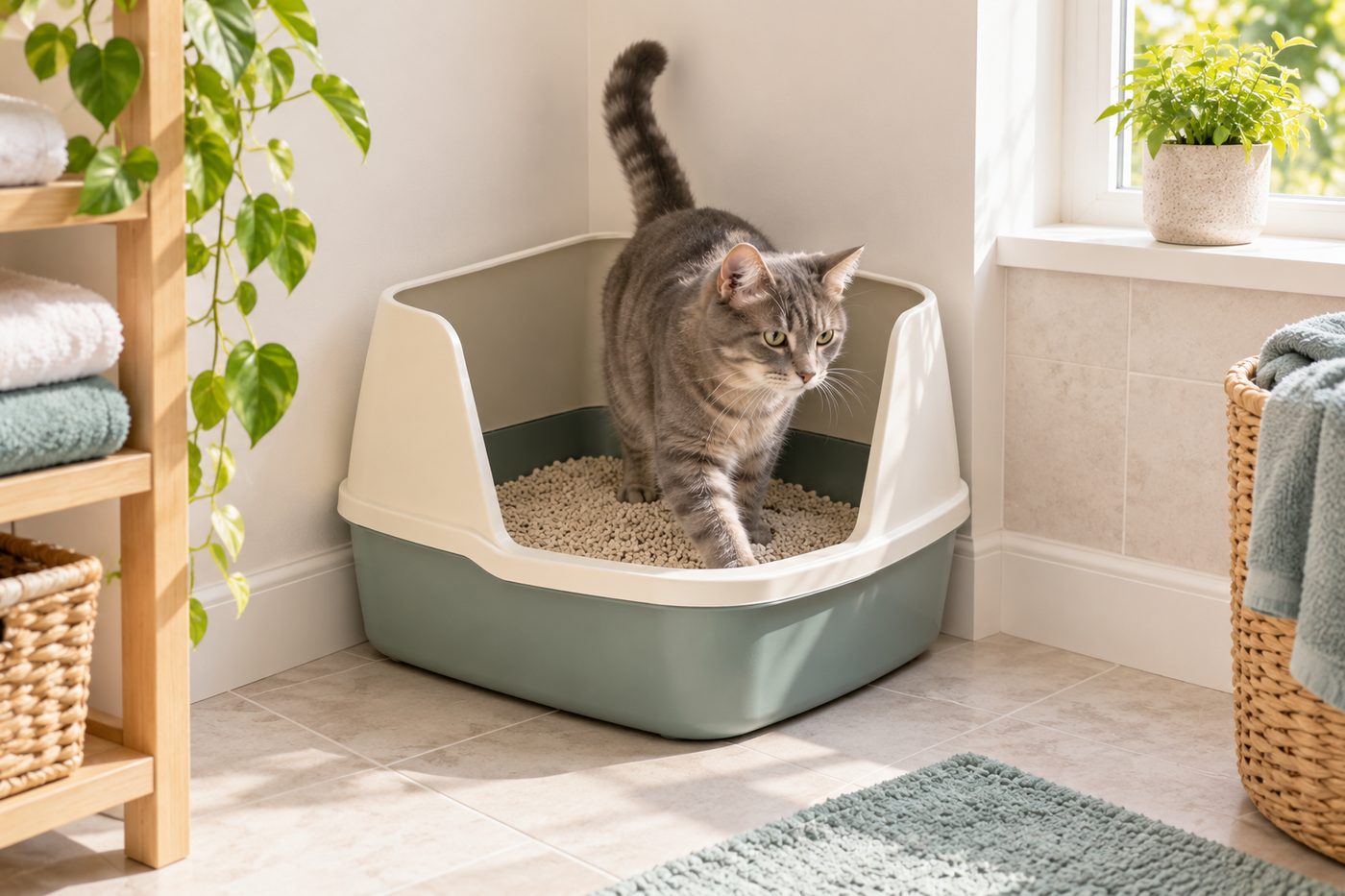 Gray cat stepping into a corner-shaped litter box fitted into a bathroom corner
