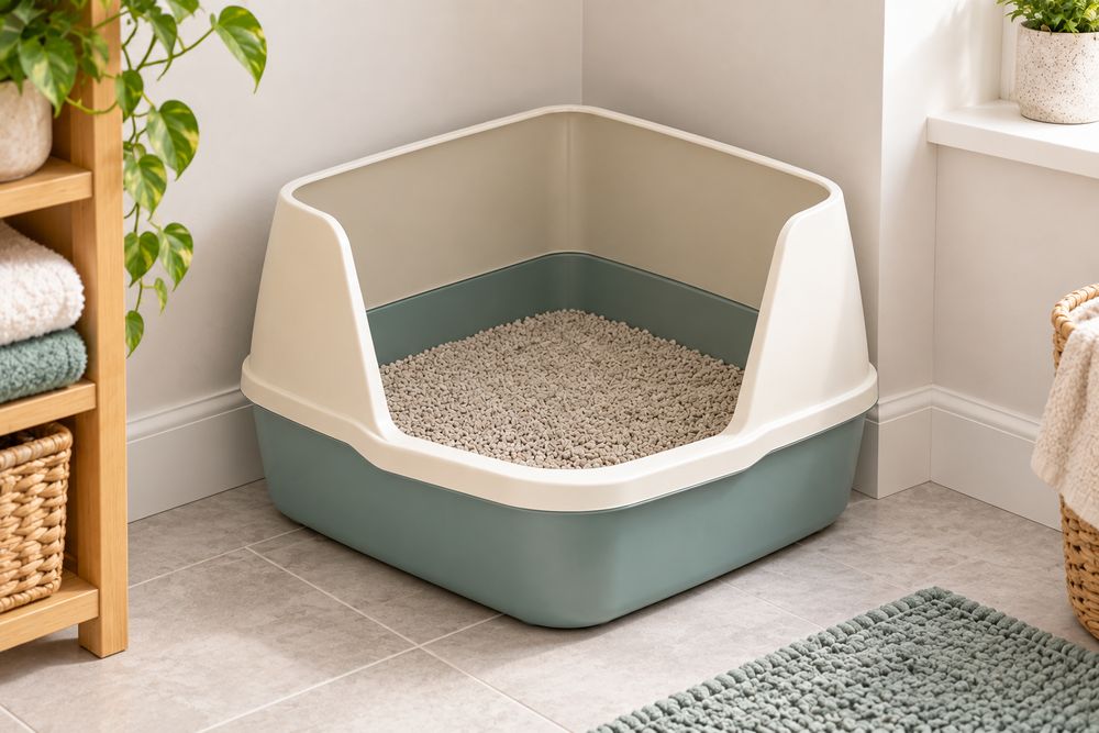 Corner-shaped litter box showing its space-saving triangular design