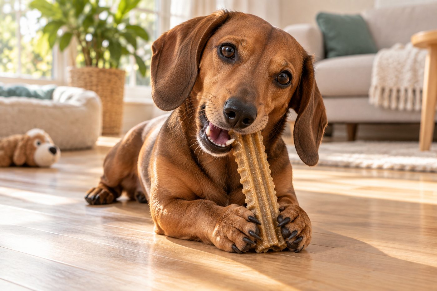 Dachshund chewing a textured dental chew treat for teeth cleaning