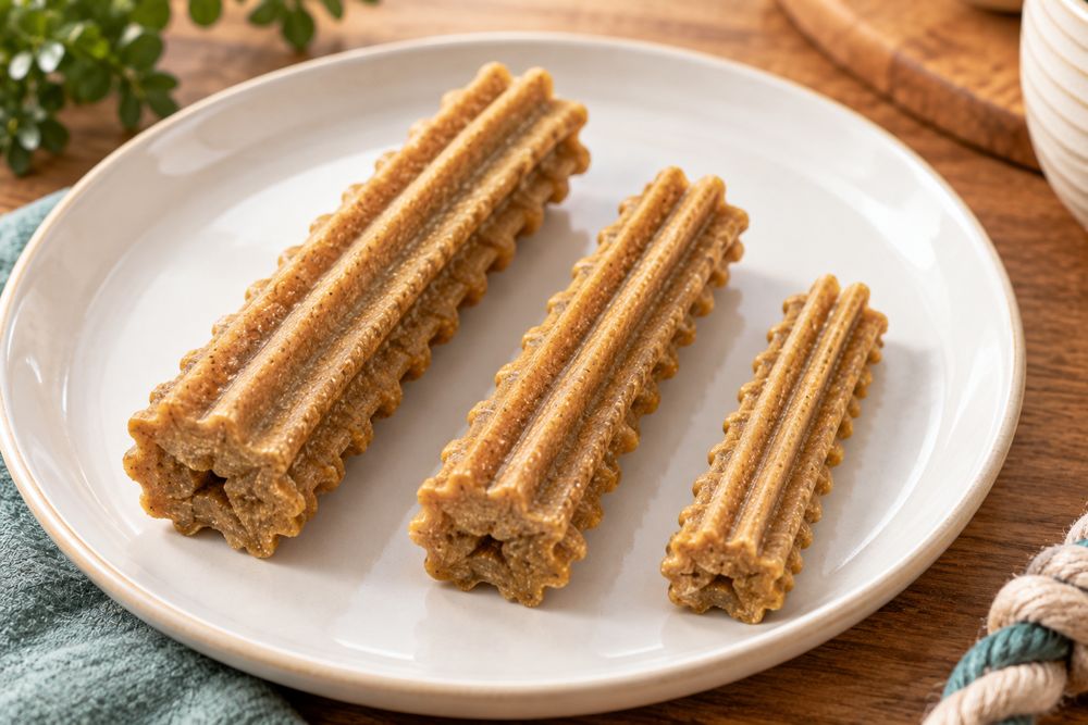 Close-up of ridged dental chew treats designed to reduce plaque and tartar