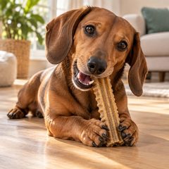 Dog chewing a textured dental chew treat for teeth cleaning