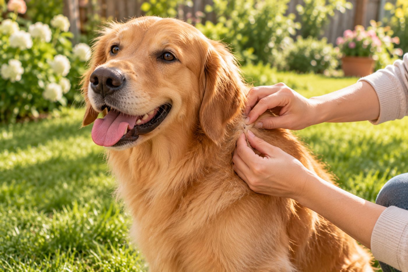 Owner checking a dog's fur for fleas and ticks in a garden during spring
