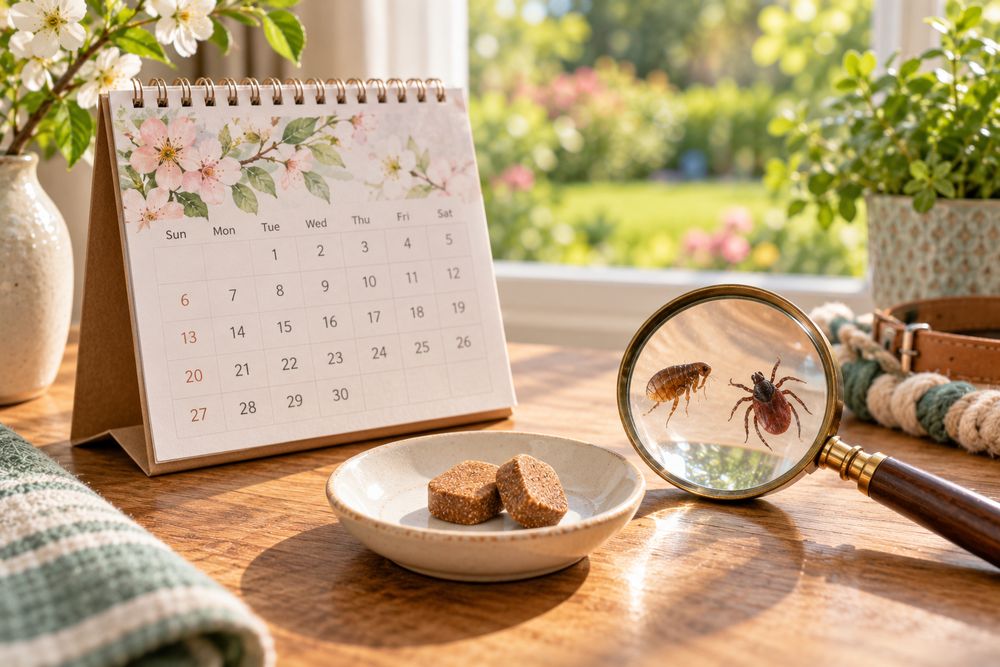 Calendar and flea and tick prevention tablets illustrating seasonal timing