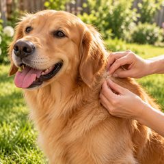 Owner checking a dog's fur for fleas and ticks in a garden