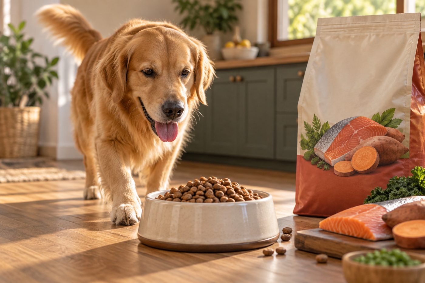 Golden retriever approaching a bowl of grain-free salmon and sweet potato dry dog food