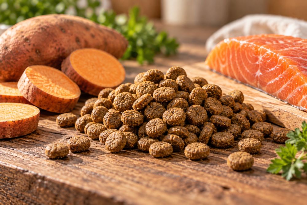 Close-up of grain-free salmon and sweet potato dry dog food kibble texture