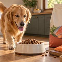 Golden retriever approaching a bowl of grain-free dry dog food
