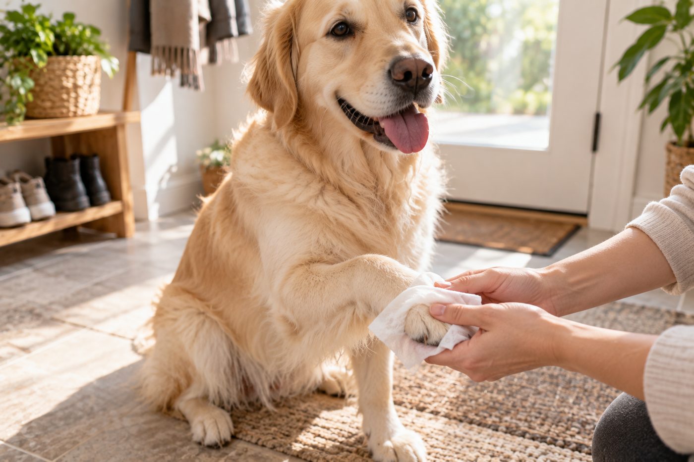 Gently wiping a dog's paw with a hypoallergenic grooming wipe after a walk