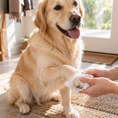 Wiping a dog's paw with a hypoallergenic grooming wipe